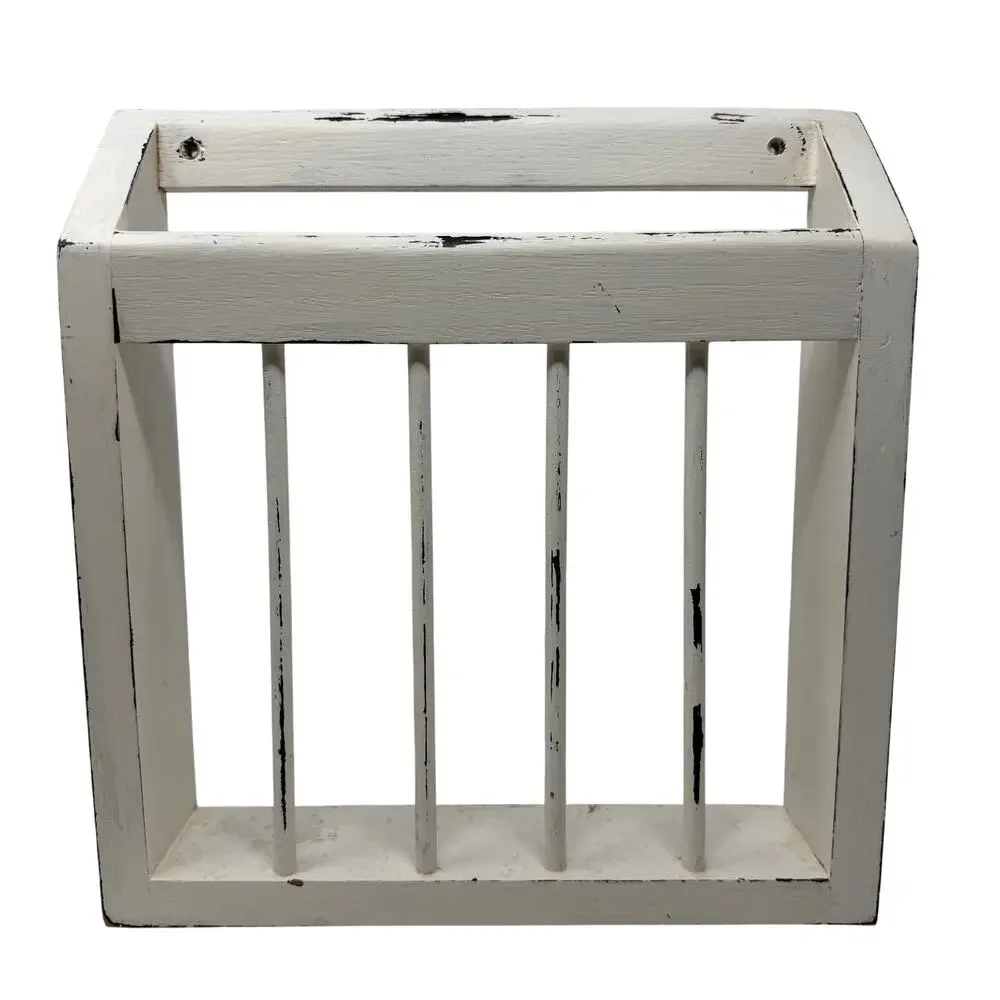White Wood Slatted Wall Shelf Hanging Magazine Holder Rustic Farmhouse 13x12.5x3